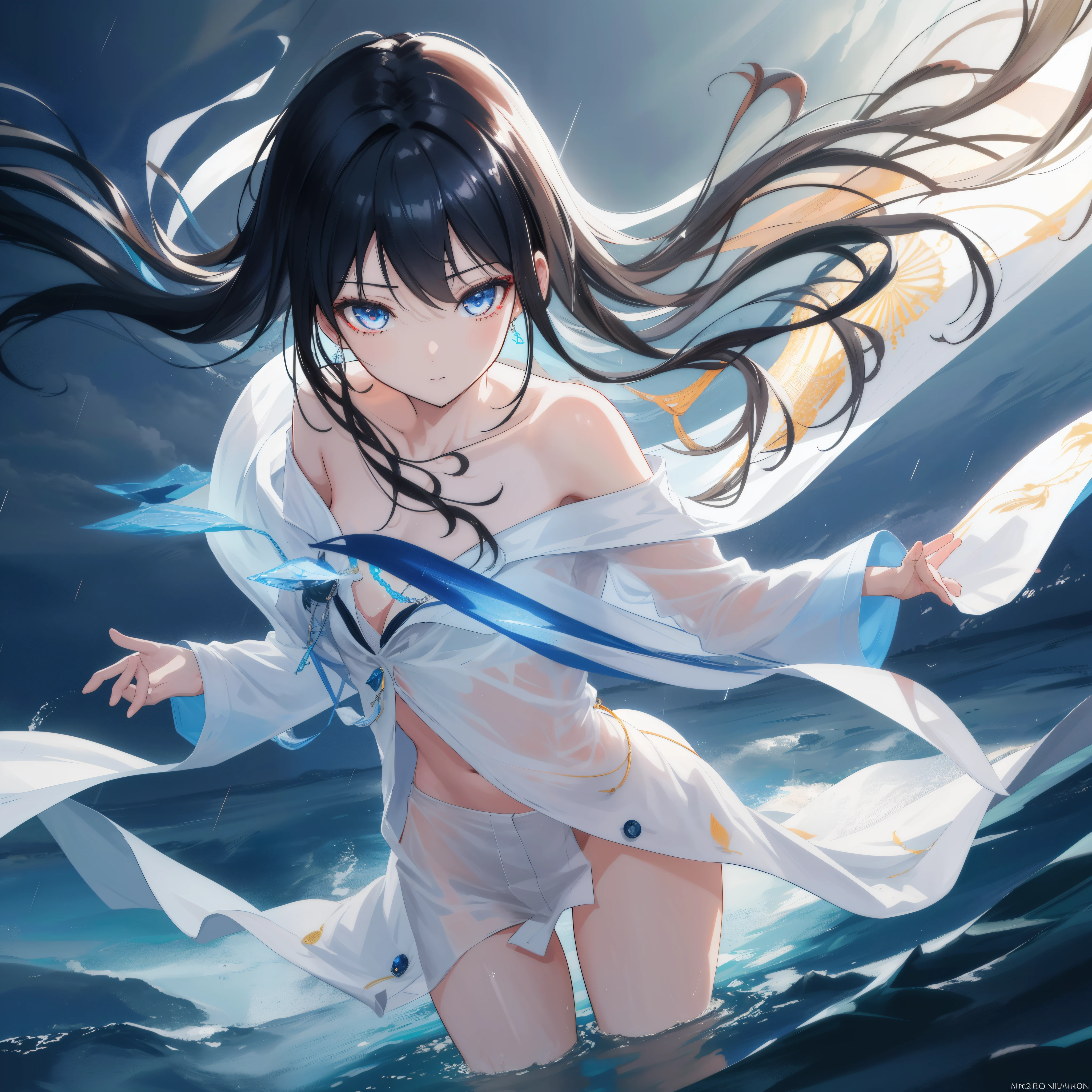 ((A close view)) of a black-haired anime girl, (standing on the (river)), ((strong sunlight)), cinematic light, slim body, skin is perfectly healthy, soft, and smooth, Extremely delicate and beautiful CG illustration, best quality, high resolution, dynamic angle, full-length lens, (1 girl), soft light, high-key lighting), glowing light, blue halo, blue crystal, ((very cinematic)), (raining), barefoot, ((half naked))