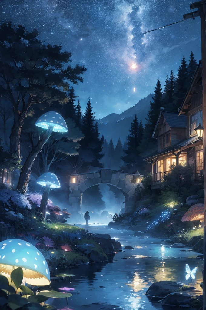 mystical magical neon beautiful forrest with lake and an opening circle of portal from other world , forest,tree, with rocks, river, with glowing alien type of mushrooms, foggy, butterflies, waterlilies, bridge, with foating piece of rocks with grass and chains, fireflies, flowers, ,Illustrate a scene using infrared photography techniques, with surreal colors, glowing foliage, and an otherworldly atmosphere. BREAK , Illustrate an old-town street, with historic buildings, cobblestone streets, and a sense of charm and nostalgia, super big moon and starry night in background
