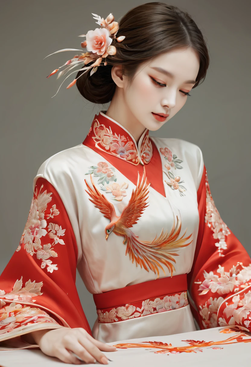 Draw an embroidery work，Phoenix embroidery，Chinese clothing design，Silk fabric，