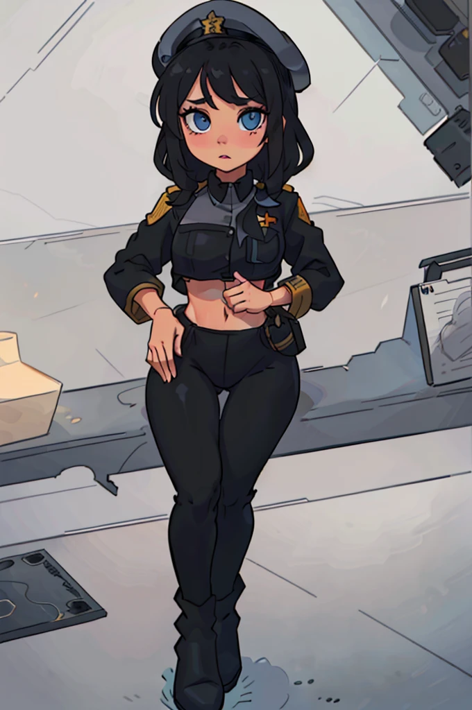 1girl, black uniform, captain's hat, confident pose, beautifully detailed eyes, long eyelashes, captivating gaze, beautifully detailed lips, alluring girl, vivid colors, skillfully executed lighting, studio lighting techniques bringing out the girl's features and the overall mood of the scene., masterpiece, anatomically correct, high quality, best quality, high details, long black boots, long black hair, blue eyes, arresting eyes,