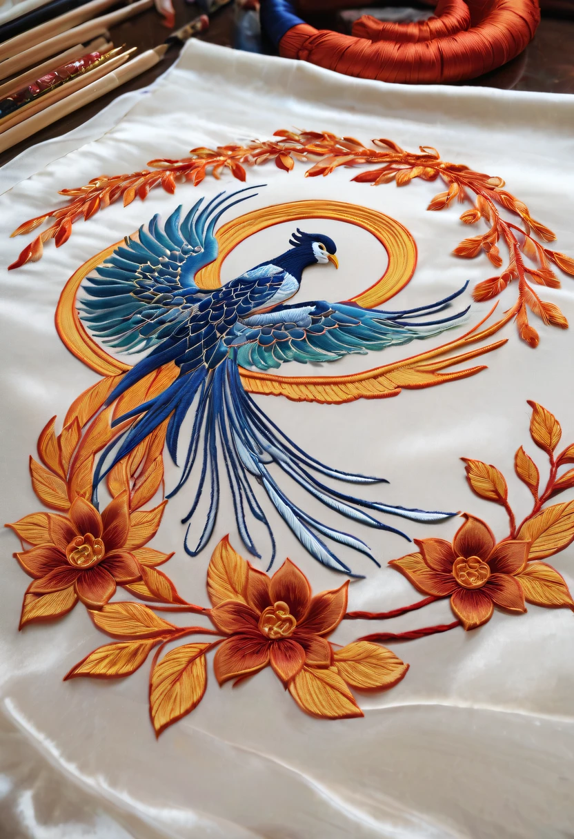 Draw an embroidery work,Phoenix embroidery,Chinese clothing design,Silk fabric,