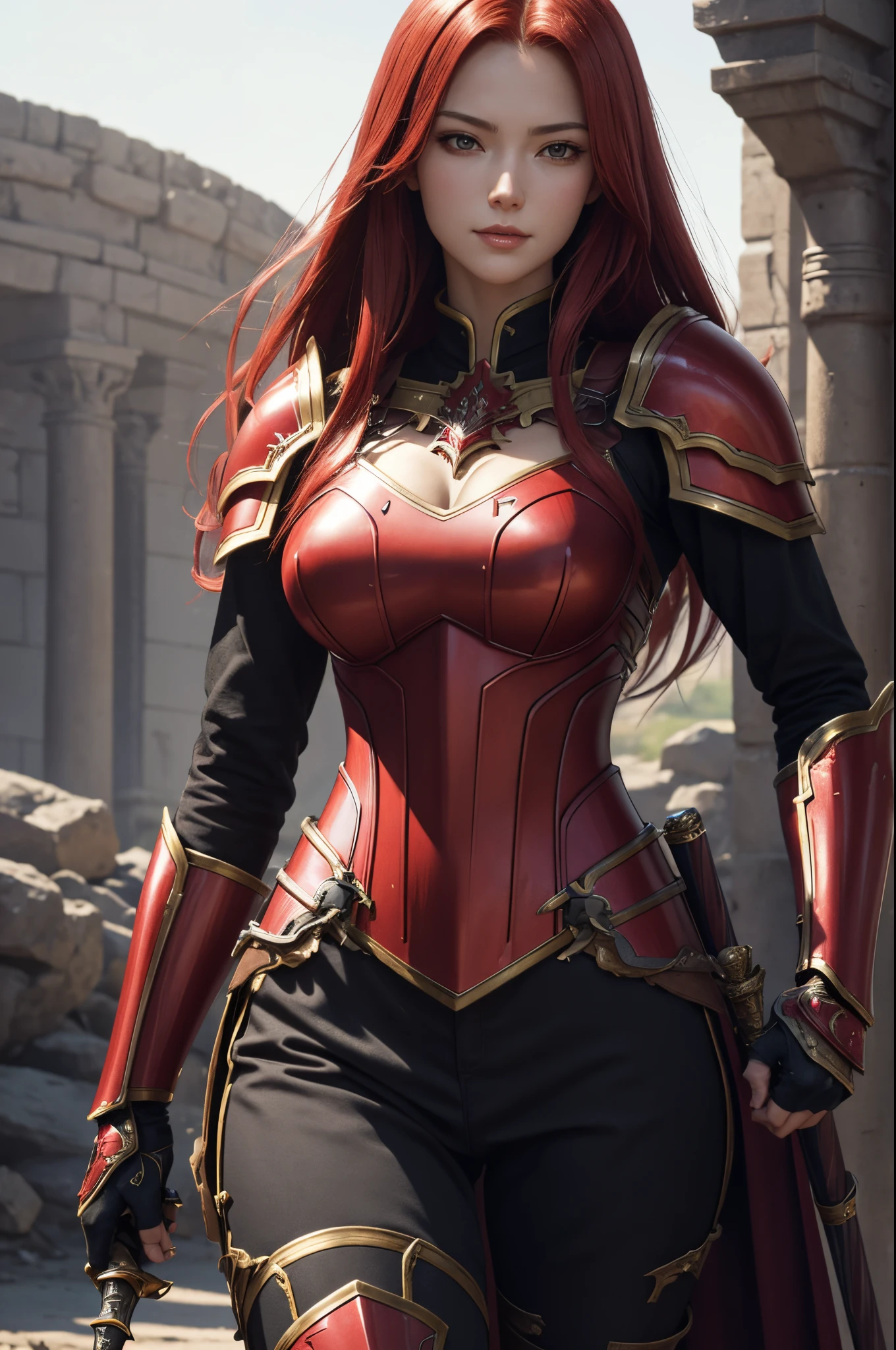 8K,a close up of a woman in armor holding a sword, redhead queen in heavy red armor, Super beauty(Like the real thing)Goddess of battle,slender body,Muscular macho,A charming smile,Has a large and luxurious holy sword,beautiful long red hair,strongly cracked abdominal muscles,A sexy,very detailed Artgerm, Alexandra Fomina Artstation, 2. 5 d cgi anime fantasy artwork, lady in red armor, armor girl, fanart best artstation, Stunning character art, cushart krenz key art feminine, chengwei pan on artstation,超A high resolution,Luxury red large mist chest armor,luxury red combat pants,gorgeous red gauntlet,luxury red shoulder armor,luxurious red waist armor,Fantasyart,