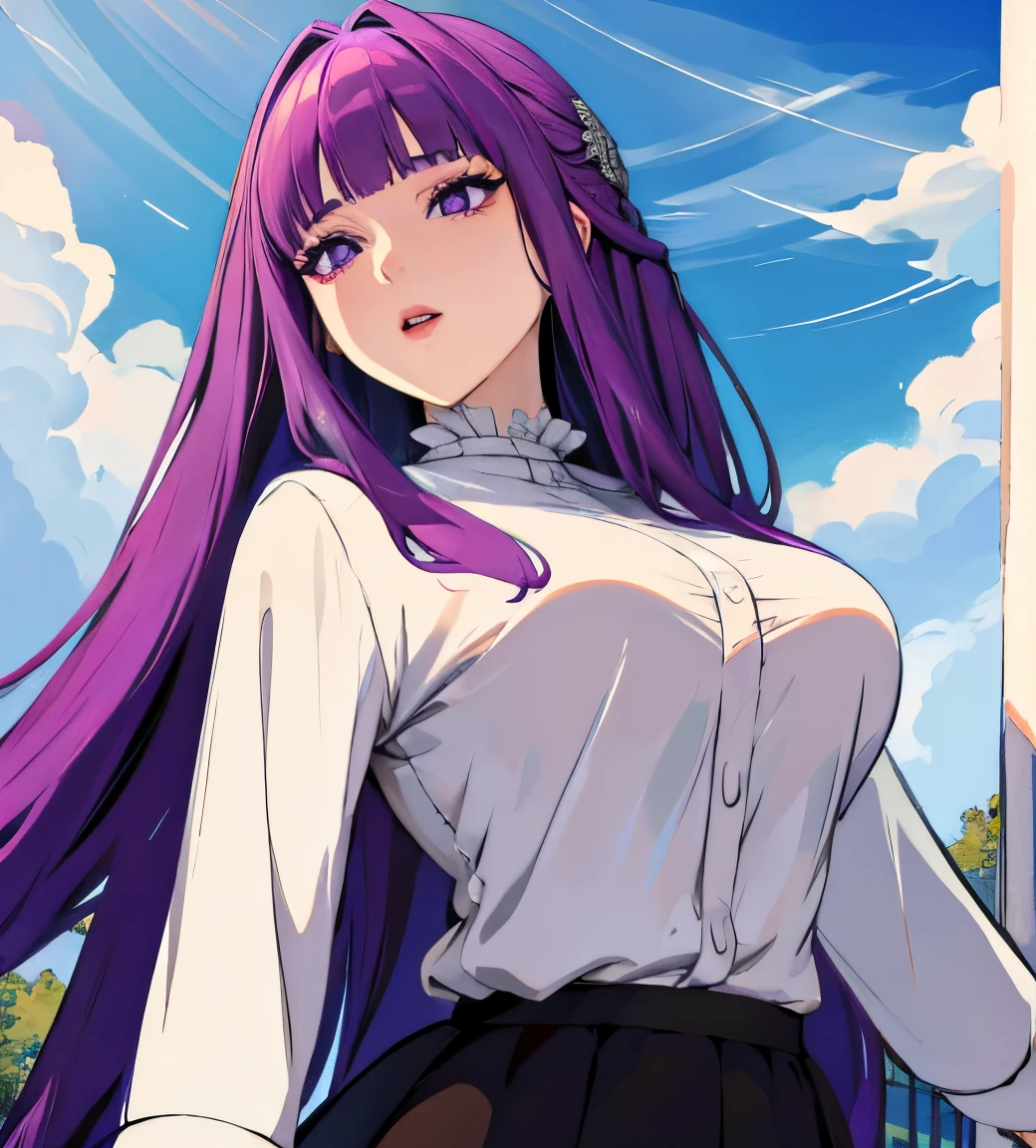 masterpiece, best quality, absurdres, half body, close-up, close up, breast focus, beautiful face, perfect anatomy, 1girl, solo, FernFrieren, very long hair, purple eyes, (purple pupils), white dress, black robe, large breasts, outdoors, square background, expressionless face,