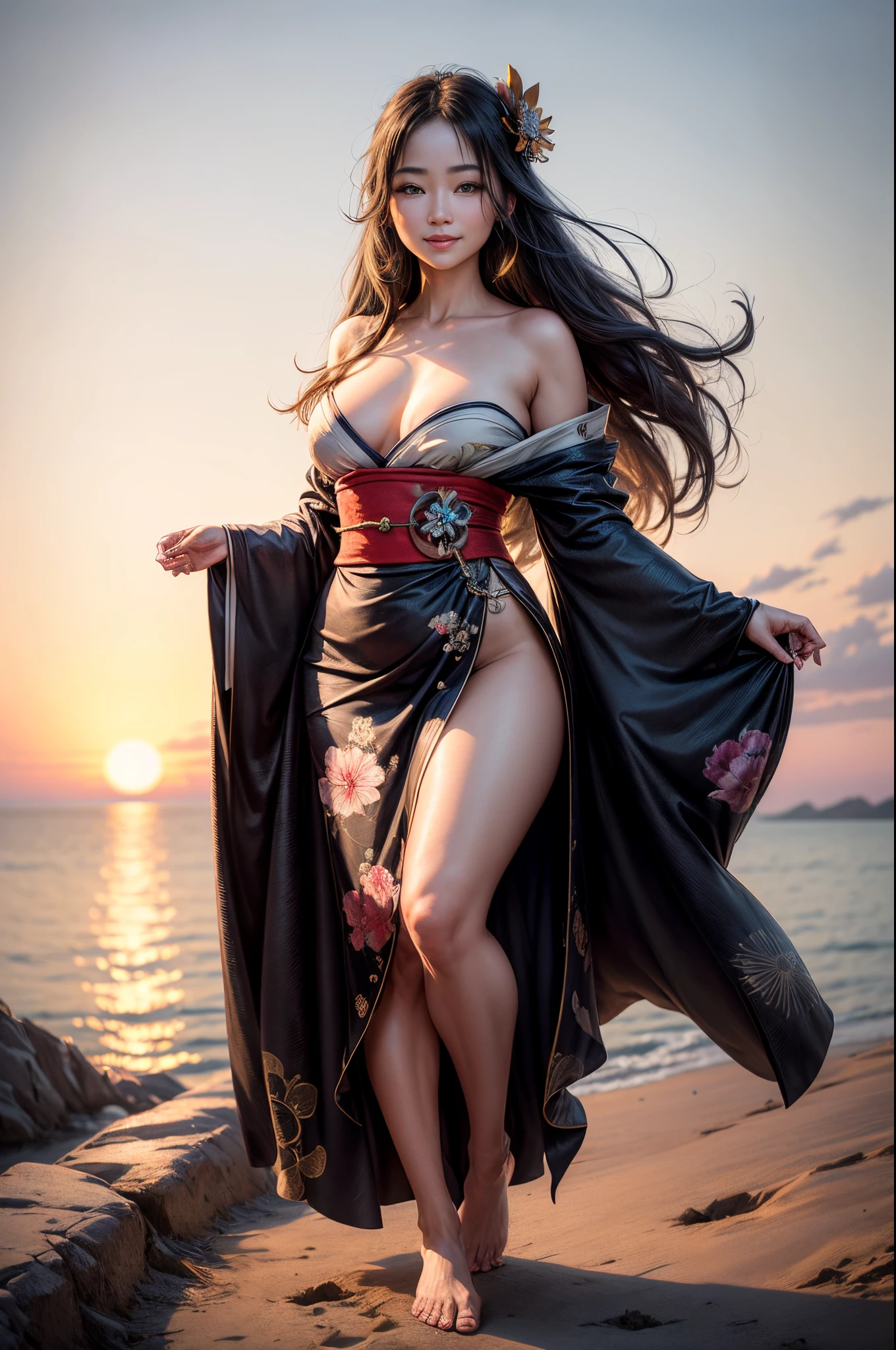 "((hyperrealistic, photorealistic, full body, 8k, intricate details, maximum quality, ultra-detailed texture,)) a beautiful geisha, with flowing black hair, full lips, full breasts, thick thighs, barefoot, wearing a low-cut sensual kimono, standing on a small hill in a valley, in a very delicate pose, smiling with her hair blowing in the wind , and in the distance on the horizon a sunrise appears, the glow of dawn takes over the skies, and birds fly in all directions in the background and up in the sky ((depth of field, open field))."