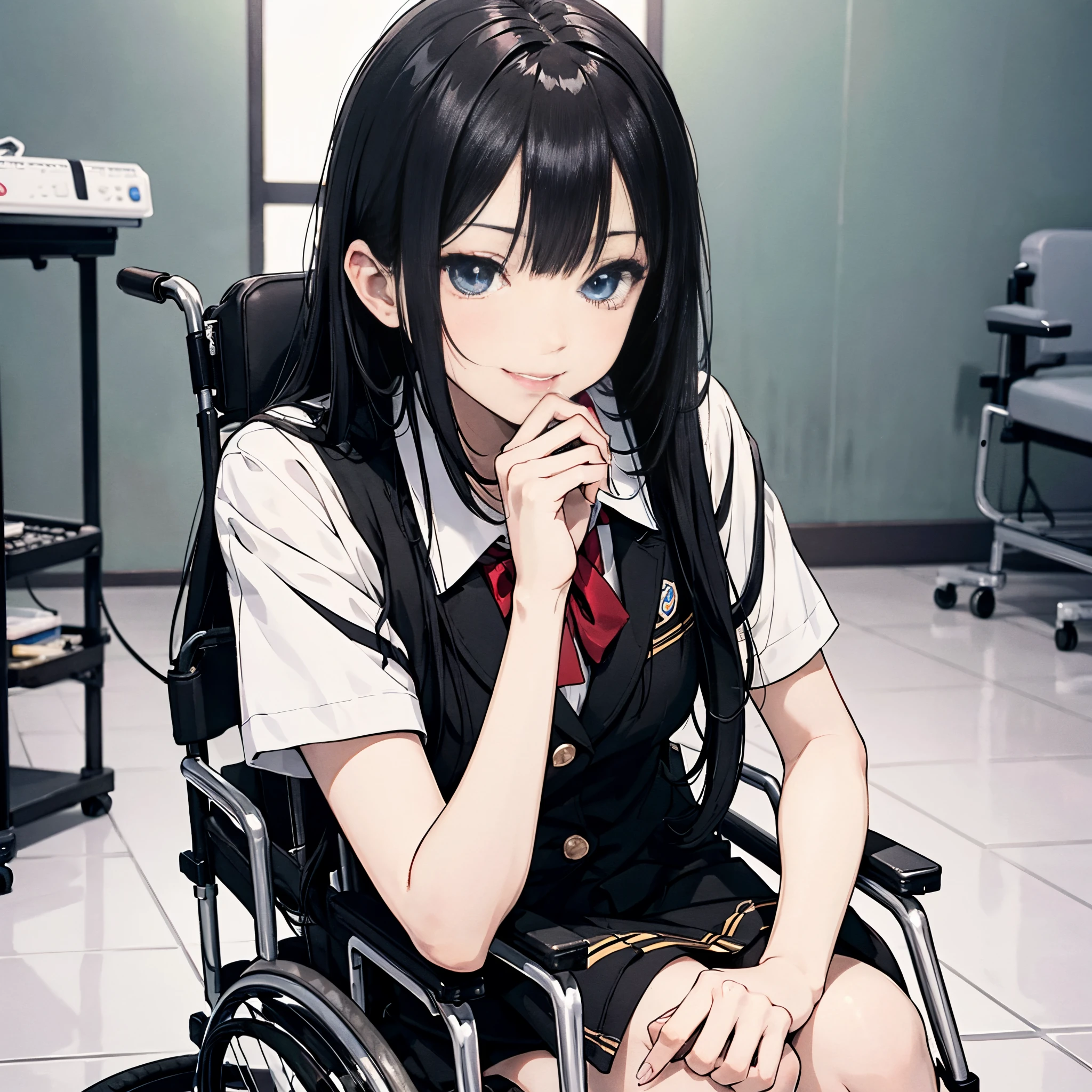 female with long black hair,A woman wearing a high school uniform sitting in a wheelchair(wheelchair 1.3)(Uniform 1.5)(seductive eyes 1.5)(Toothy smile 1.6)(Black supporters 1 on both arms.5)(Background Inside hospital ward 1.5)(Detailed full body display 1.5)(Girl 1.8)style of anime4 K,anime rendering,style of anime。in 8K,(Cinematic Lighting 1.5)(Master masterpieces:1.4)(Ultra High Definition1.5)(Best quality1.5)