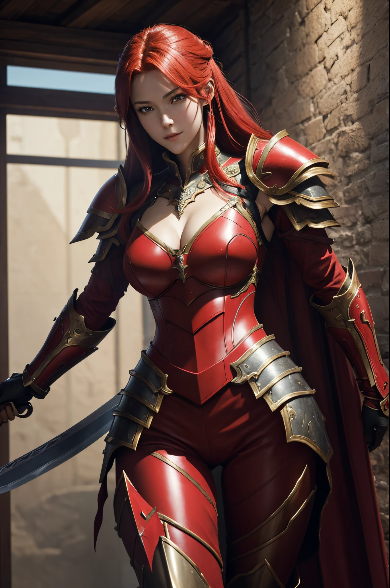8K,a close up of a woman in armor holding a sword, redhead queen in heavy red armor, Super beauty(Like the real thing)Goddess of battle,slender body,Muscular macho,A charming smile,Has a large and luxurious holy sword,beautiful long red hair,strongly cracked abdominal muscles,very detailed Artgerm, Alexandra Fomina Artstation, 2. 5 d cgi anime fantasy artwork, lady in red armor, armor girl, fanart best artstation, Stunning character art, cushart krenz key art feminine, chengwei pan on artstation,超A high resolution,Luxury red large mist chest armor,luxury red combat pants,gorgeous red gauntlet,luxury red shoulder armor,luxurious red waist armor,