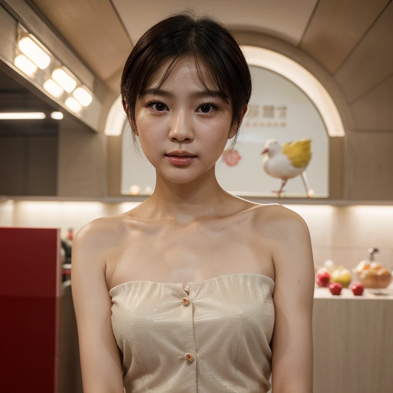 AI beauty,Fresh temperament,birdie,poor people everywhere,Fair and translucent face,Eyes are big and smart,Liu Yuemei,little pretty nose,cherry lip gloss,Goose egg face,shoulder-length short hair,slimfigure,Fingers of both hands interlocked,Place in front of lower abdomen