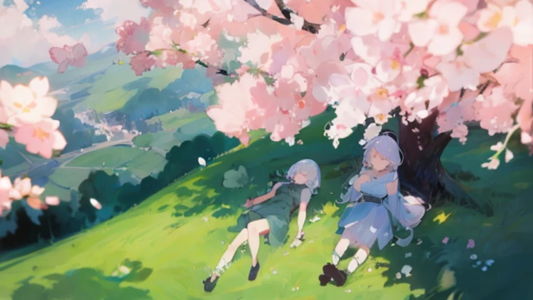 （（best qualtiy，8k，hyper-detailing，tmasterpiece，Comfortable color palette，Comfortable composition，Comfortable lighting，of works：1.2）），realisticlying，big breasts beautiful，bblurry，（blur backgroun），CG，illustratio，twogirls，peacful，actual，focal，blurryforeground，SakuraNoutains，overlooks