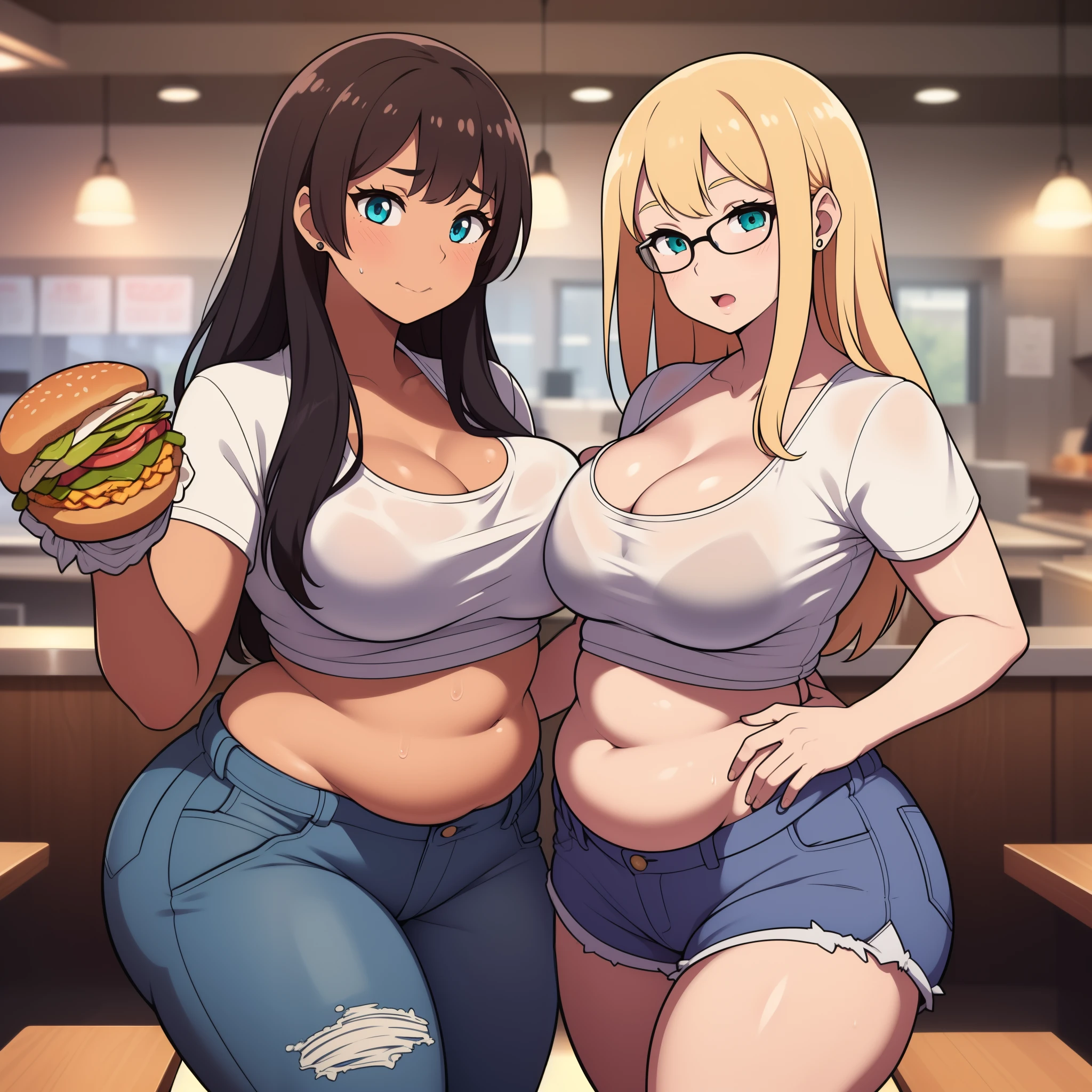 ((high reasterpiece)), high quality, best quality, beautiful, perfect lighting, detailed face, ultra cute face, ((2girls)), one girl has blonde hair, blue eyes, crop top and shorts, one girl has brown hair, green eyes, jeans, white shirt, tight clothelush)), Embarrassment, fast food restaurant, medium breasts, perky breasts, cleavage, ((wide hips)), ((thick thighs)), ass, ((chubby)), pudgy belly, fat folds, standing next to each other, (belly grab)