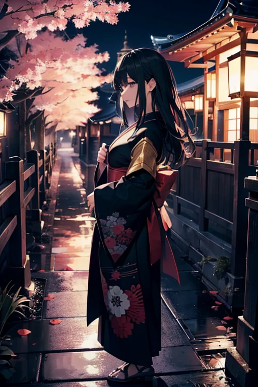 (Official art、Best Quality、Unity 8k Wallpapers、32K、masterpiece、ultra-detailliert、超A high resolution、realisitic、Photorealsitic:1.2)、(Cinematic lighting:1.2)、Fireglow effect、film grainest Shadows、Rim lighting、side lights、(Ultra-detailed and complex 3D rendering)、Detailed beautiful face and eyes、A slender、Medium bust、(Full body:1.2)、(sideshot、Looking away:1.2)、(Mystical、moonlights)、Highly detailed background、beauitful face、a beauty girl、(super detailed skin、detailed skin textures:1.3)、Japan garden、cowboy shot、Tree with red leaves on tower background々, Japan at night, japan sightseeing, japan deeper travel exploration, japanese temples, pagoda, during night!!, set at night, during night!, けもの, Vivid!!, japanese city at night, full - view, ancient japanese architecture, by Torii Kiyomasu II, november, kyoto japan setting