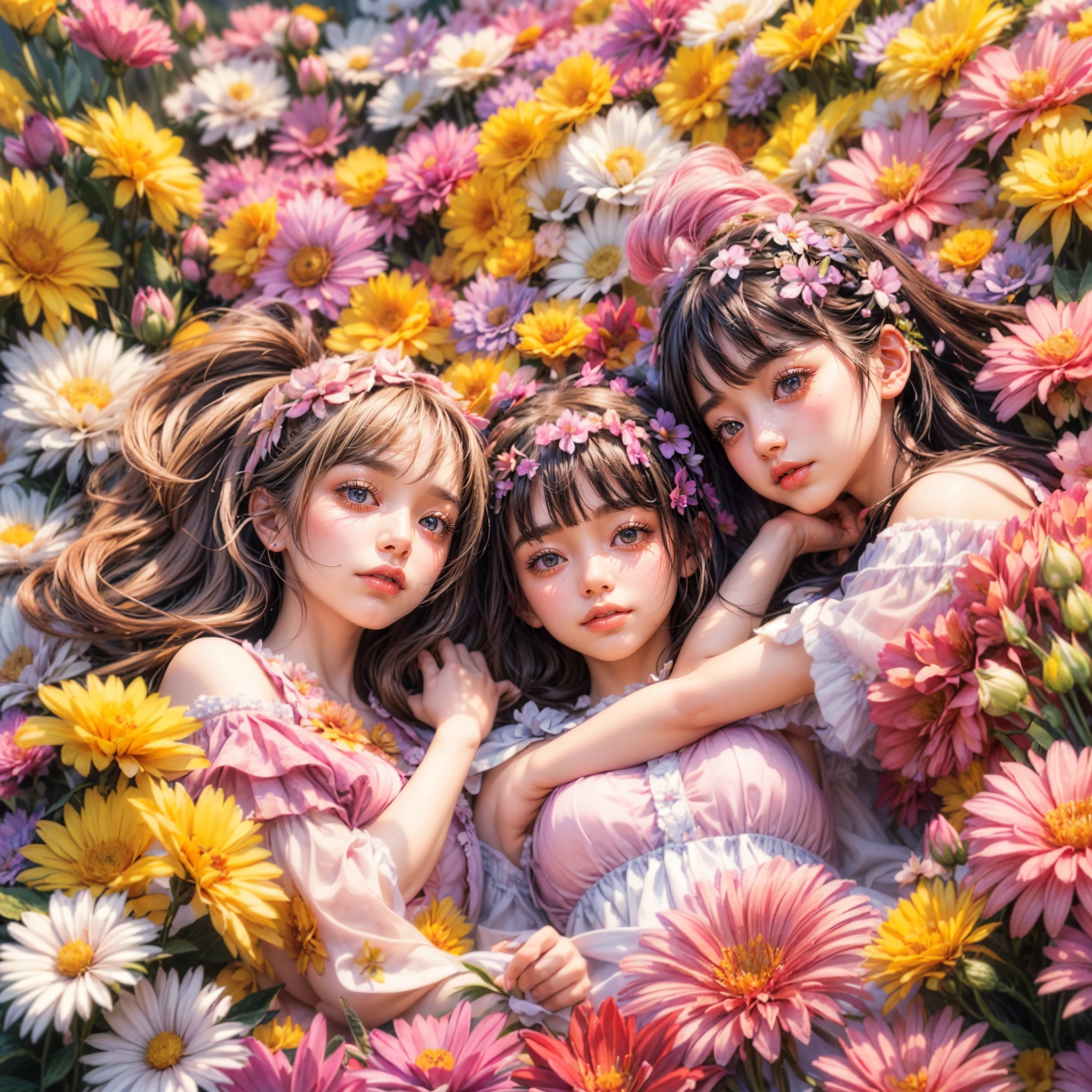 ((( KAWAII girls laying on flowers, flower background, concept art))), ((SFW)), (Exposed:1.2), (nipple:-0.9), (Acutance:0.8), (Extremely Detailed KAWAII Face variations), ( 8K finest-quality, ultra-detailed, Masterpiece:1.2), ( realistic, (Hyper-Realism:1.37), ), an extremely delicate and beautiful, (( covered girl's body with many many flowers)), ( no extra limbs ) . full of flowers, filled with flowers, Overflowing flowers .