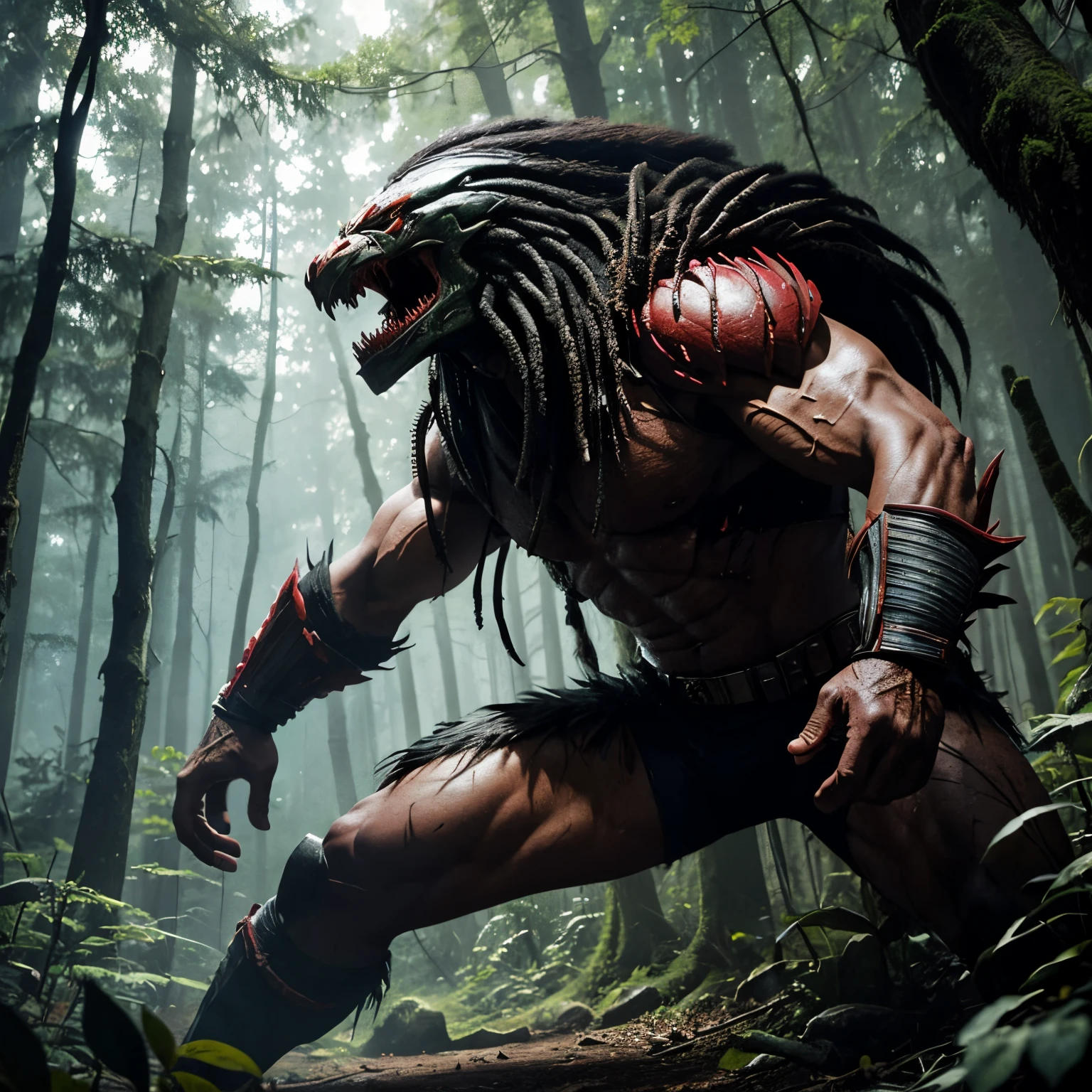 Predator from the movie, in the woods, side view, scary, jumping