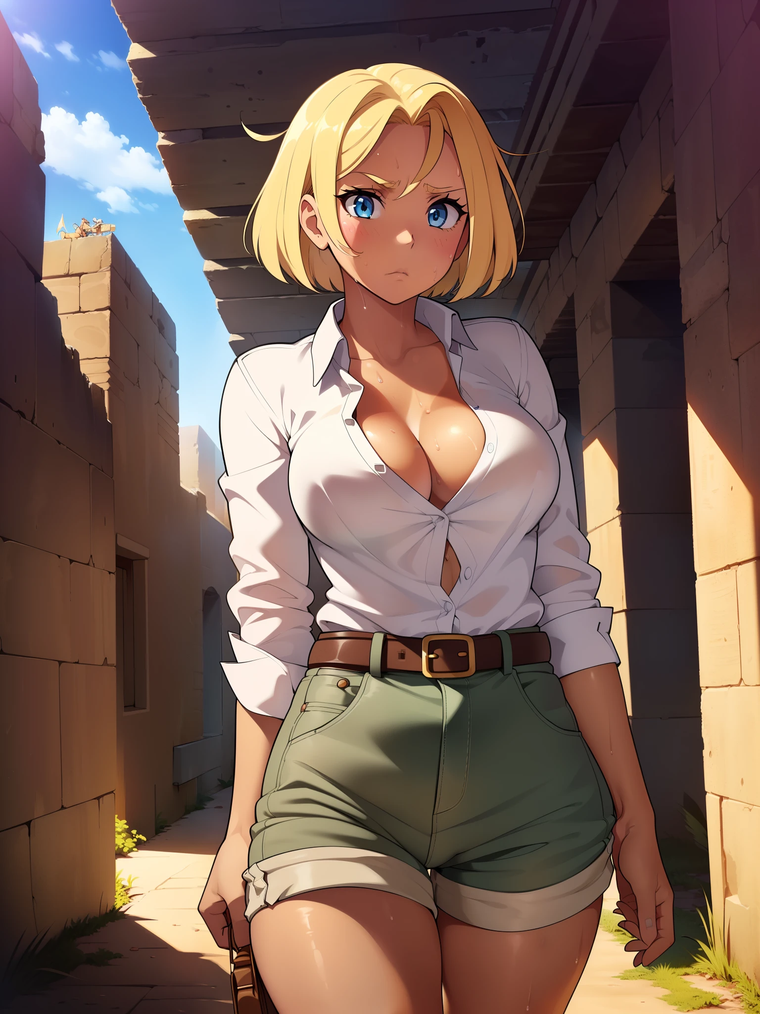 (1girl), (solo), ((masterpiece)), best quality, beautiful, perfect lighting, extremely delicate and beautiful, detailed face, ultra cute face, (high res), ((1girl)), ((solo), looking at viewer, ((cowboy shot 1.2)),
Short blonde messy hair, blue eyes, serious look, exhausted, sweat, ((thin)), long legs, thigh gap, slender legs, medium breasts, cleavage, perky breasts, ((tan button up shirt)), (khaki shorts 1.2), explorers outfit, leather belt,
walking, desert, pyramid, Eygpt, in a ruin,