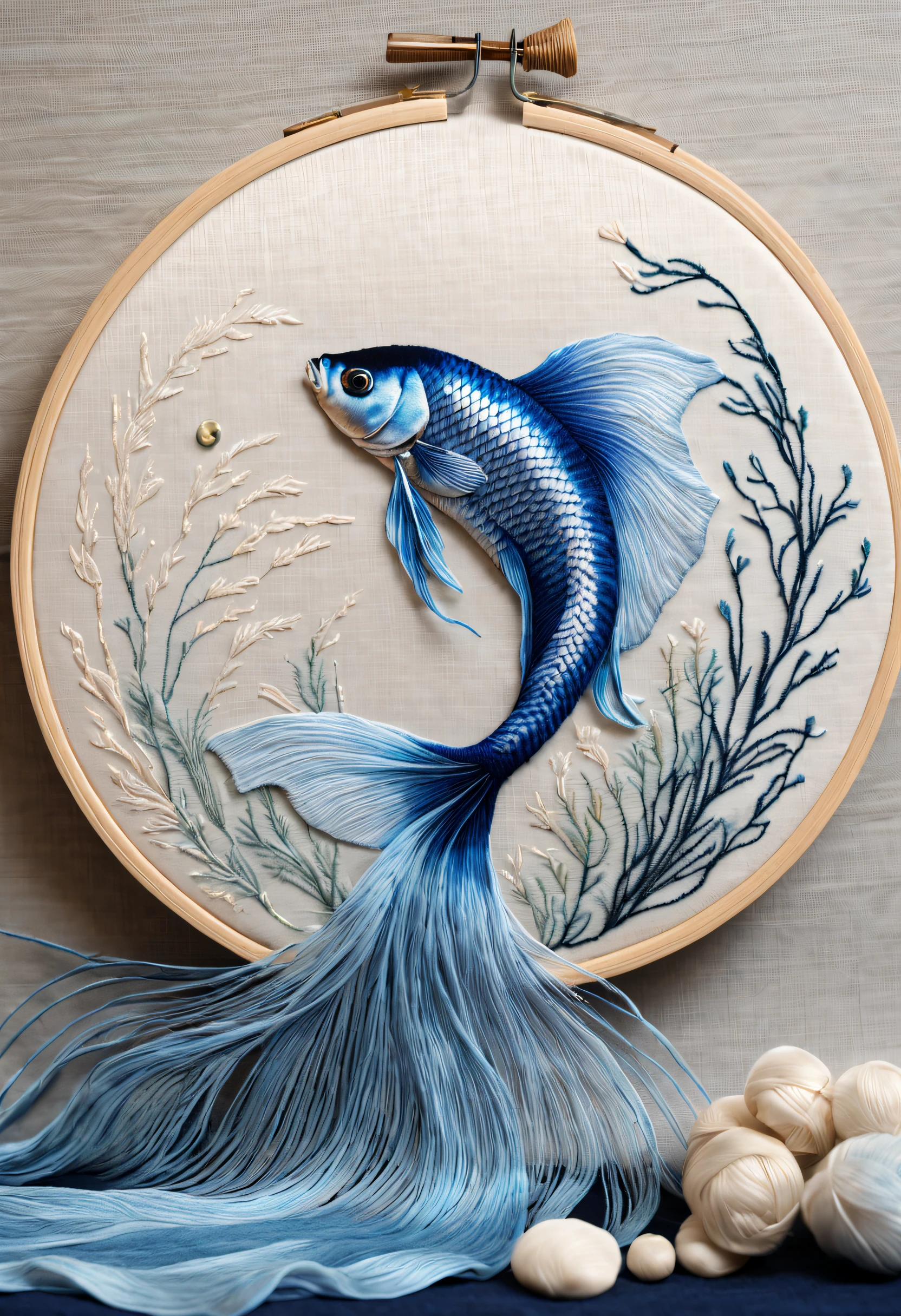 Embroidery works, Translucent Betta embroidery hangs on the wall, silky silk thread, Agile white tail and fins, Lots of white space (Background with: blue), rich details​, painting on silk, ink and watercolor painting, line sleek, bird's eyes view, Realistic embroidery details, hyper HD, super detailing, 16k,