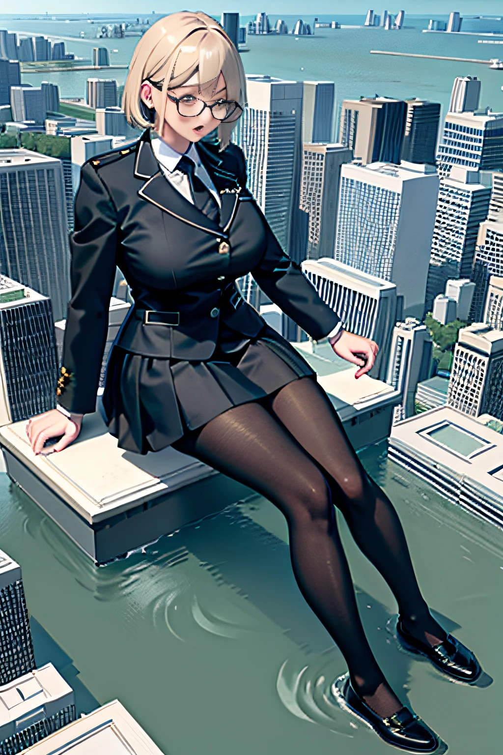 city map, giantess art, a hyperrealistic schoolgirl, highly detailed giantess shot, der riese, Shorthair, Black pantyhose, a huge high school girl、&#39;It&#39;s much bigger than a skyscraper, Wearing rimless glasses, Colossal tits, Navy blue blazer, Red tie, Mini Length Skirt, Black pantyhose, I'm not wearing shoes., very small metropolis, miniature metropolis, In a miniature metropolis just a few feet tall.、squatting and urinating, The city is a sea of urine, tsunami of urine, Small trains and cars are washed away with urine., Full body depiction, nffsw, Giga Giants, Black pantyhose, Pantyhose legs, Pantyhose feet, ,Stomping City,crash city,Small town,micro city, Peeing,