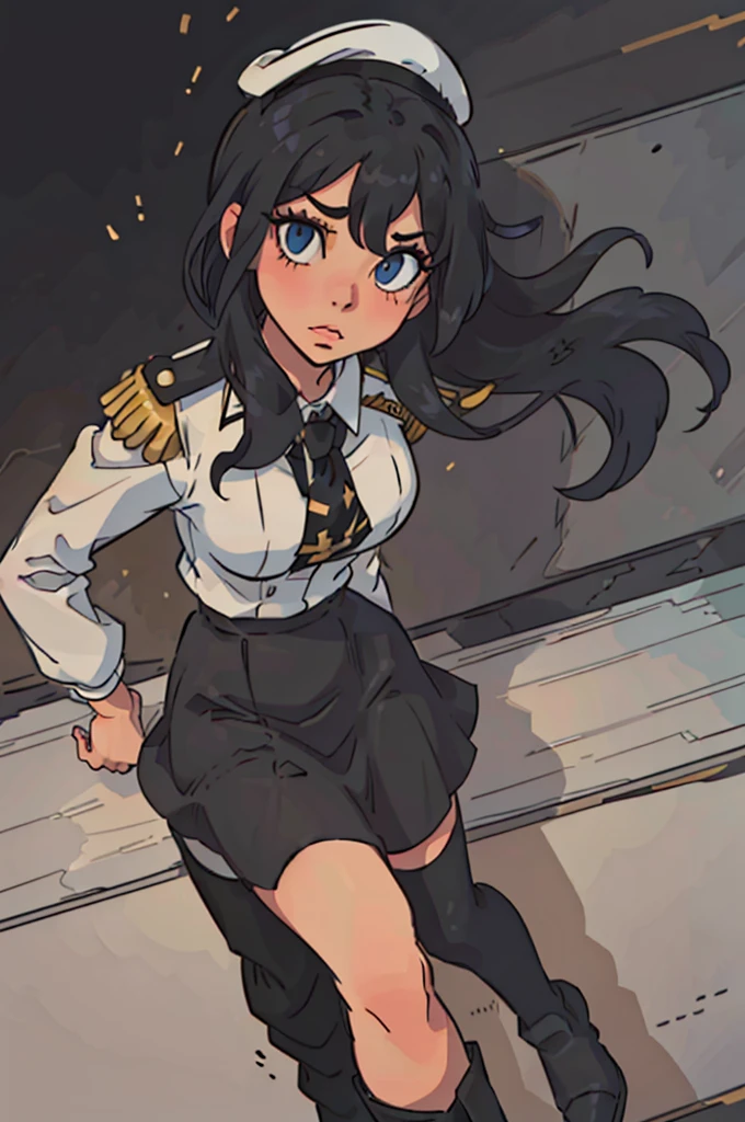 1girl, black uniform, captain's hat, confident pose, beautifully detailed eyes, long eyelashes, captivating gaze, beautifully detailed lips, alluring girl, vivid colors, skillfully executed lighting, studio lighting techniques bringing out the girl's features and the overall mood of the scene., masterpiece, anatomically correct, high quality, best quality, high details, long black boots, long black hair, blue eyes, arresting eyelack cloak)), facing camera, gold rank insignia, black tight skirt