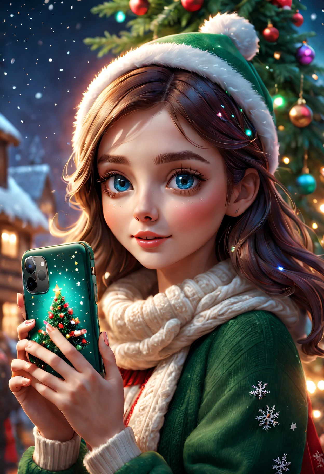 A girl holding a mobile phone with a Christmas themed phone case, Beautiful and delicate eyes and lips, middling:3Drenderingof, festive decorations, Warm winter atmosphere, Best quality at best, ultra - detailed, Warm and vibrant colors, Sparkling fairy lights, Glowing Christmas tree, snowflakes falling, a joyful atmosphere.