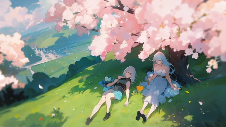((best qualtiy,8k,hyper-detailing,tmasterpiece,Comfortable color palette,Comfortable composition,Comfortable lighting,of works:1.2)),realisticlying,big breasts beautiful,bblurry,(blur backgroun),CG,illustratio,twogirls,peacful,actual,focal,blurryforeground,SakuraNoutains,overlooks