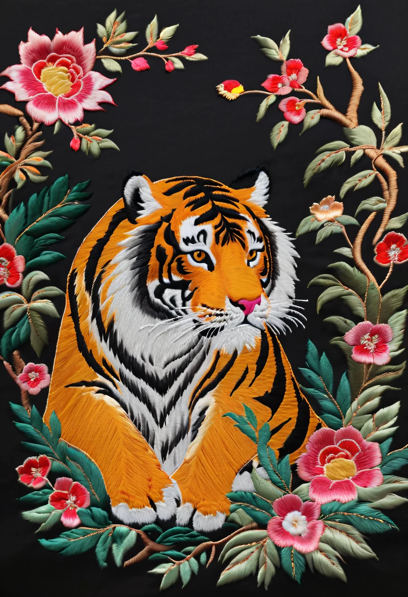 Draw an embroidery work，Tiger embroidery，Chinese clothing design，Silk fabric，