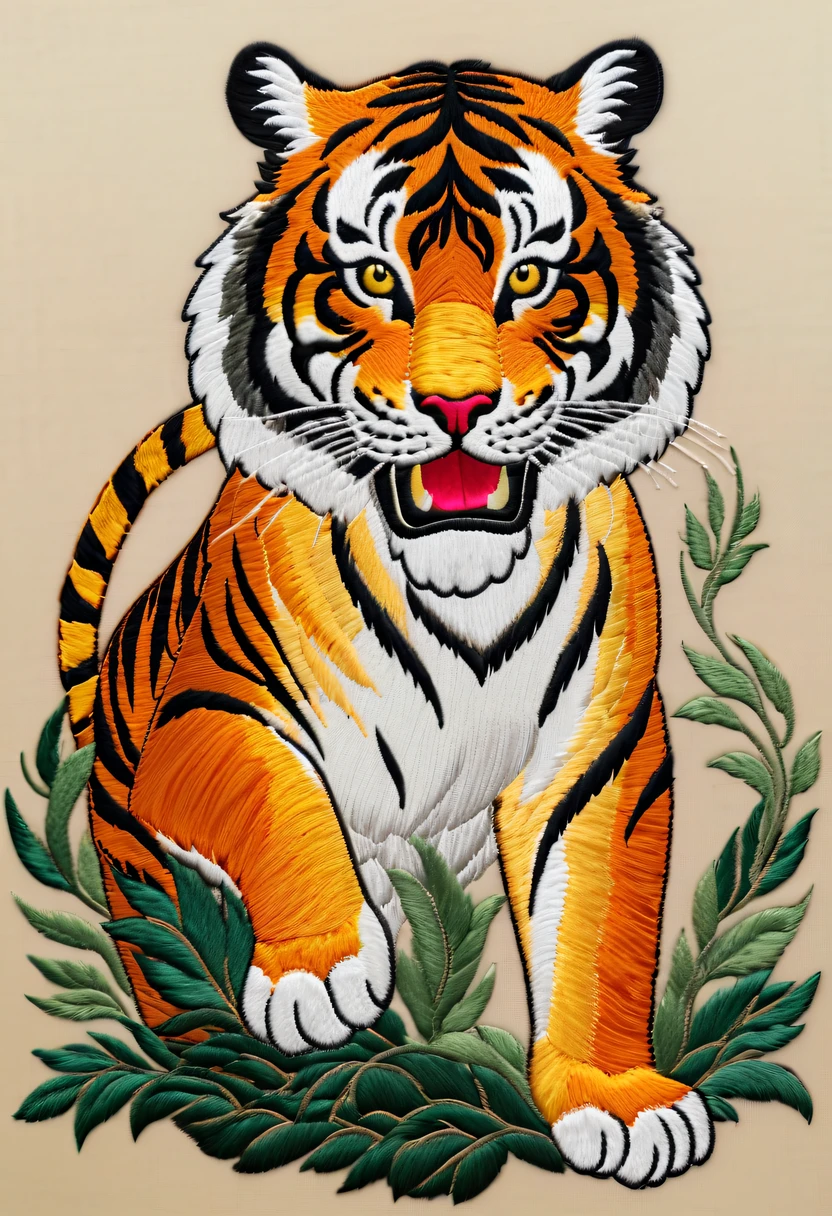 Draw an embroidery work，Tiger embroidery，Chinese clothing design，Silk fabric，