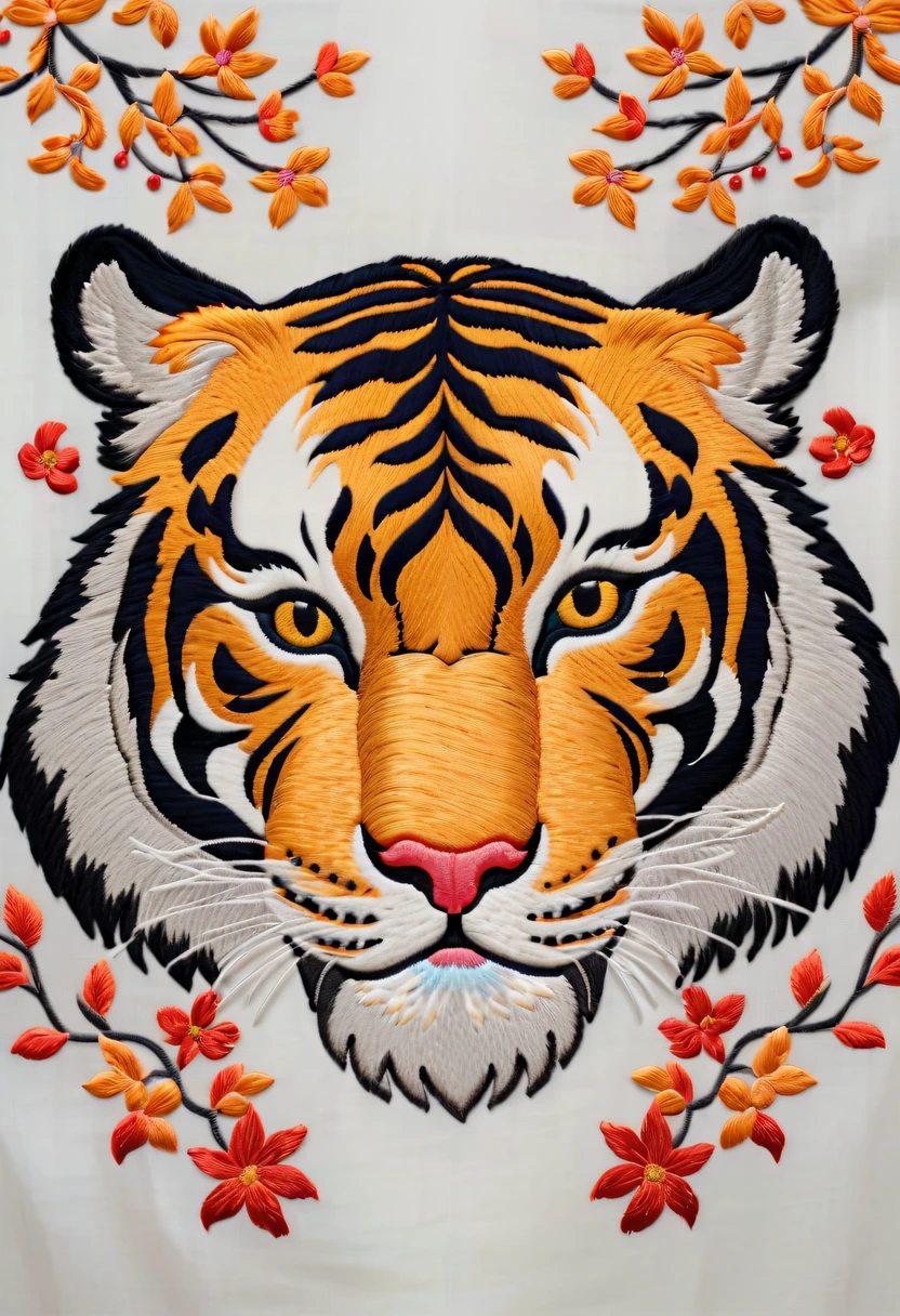 Draw an embroidery work,Tiger embroidery,Chinese clothing design,Silk fabric,Symmetrical style