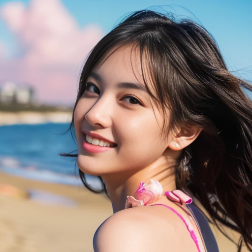 Epic on the beach scene, 20years thai-chinese girl brown eye, ((8K, RAW Photos, of the highest quality, Masterpieces), high definition RAW color photos professional photos, (Realistic, Photorealism: 1.37), (Highest Quality), (Best Shadowest Illustrations), ((Cute, Beautiful, Ultra High Resolution, High Definition CG Unified 8K Denden Wallpaper, Physically Based Rendering, Movie Lighting), analog style, Elegant, grateful, UHD 8K, Digital SLR, FujifilmXT3, Vibrant, Candid, Dramatic immersive sunset, (Detailed face, Skin Texture), Film grain, Natural light, looking in camera,(Idol), (unique fashion pose),((a photo of girl, 20 yo)), ((pink bikini)), (stand full body),so sexy, Very beautiful, very very kawaii, angel's smile,Beach, wakame