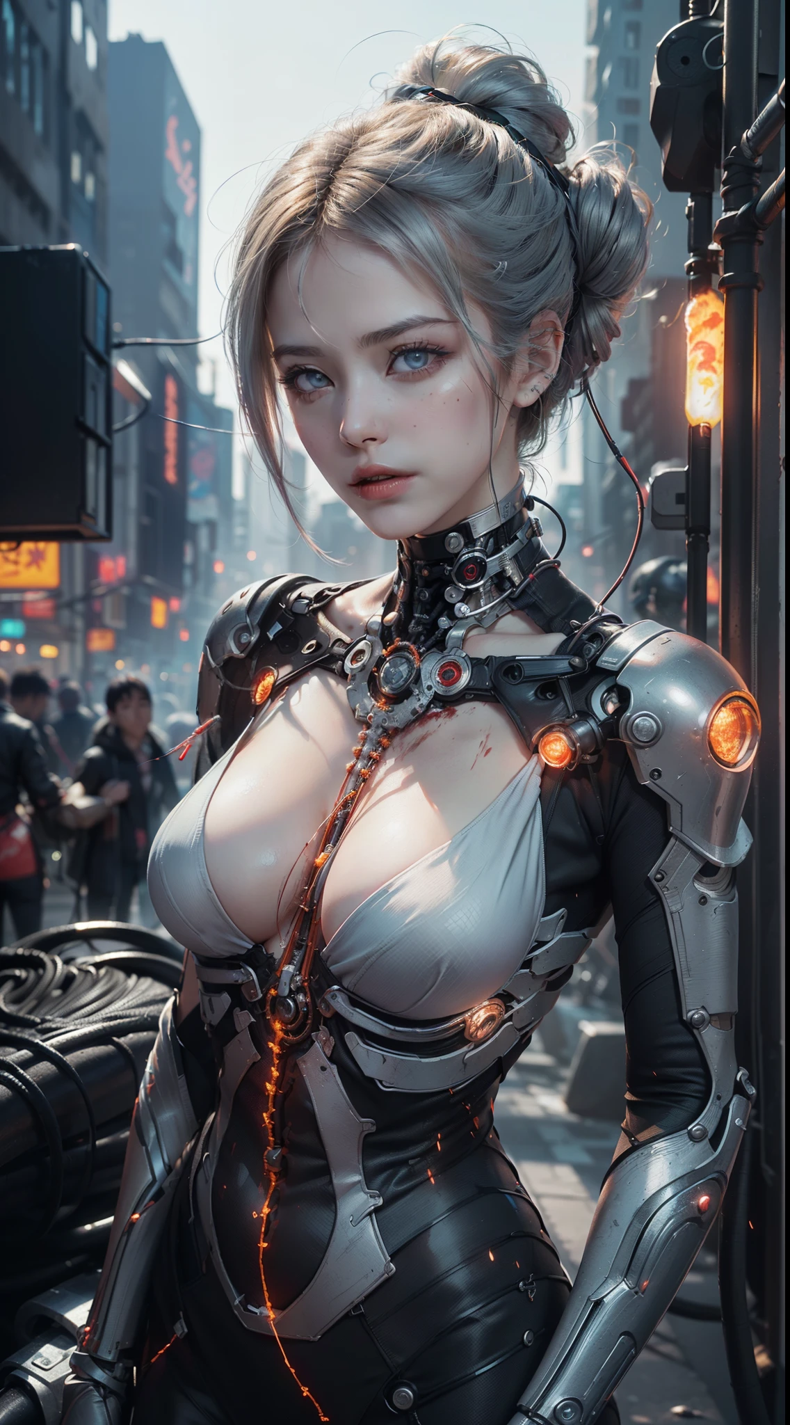 (beautiful cyber girl)), ((Mechanical blood vessels connected to mechanical tubular vertebrae.), ((Cervical spine mechanical fixation in the neck)), (wires and cables attaching to neck:1.2), ((There are a lot of wires and cables on your head)), (Character focus), (((dynamicposes))), (tmasterpiece), (((Calidra&#39;s most detailed introduction)), (The is very detailed、Realistic CG illustration), 电影灯光, scientific fiction, The content is very detailed,colours,highest details, Cyberpunk city setting.Silver Eyes , neonlight ,Hair color