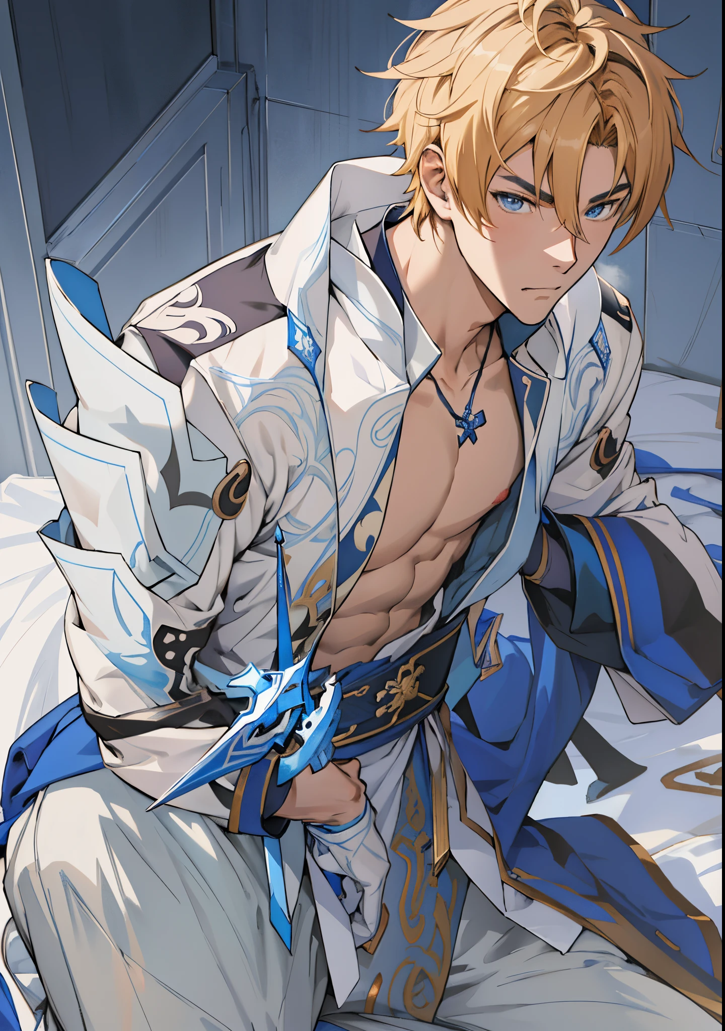 anime style images,A man with a sword kneels on the bed, Tall blue eyed anime character, Zero art, 《genshin impact》Ke Qingyu, Lingchang, male anime characters, freezing blue skin, badass anime 8 k, Popular topics on artstation pixiv, In Pixiv, pixiv, Key anime art, Very detailed and beautiful fan art