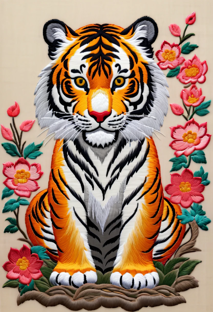 Draw an embroidery work,Tiger embroidery,Chinese clothing design,Silk fabric,Symmetrical style