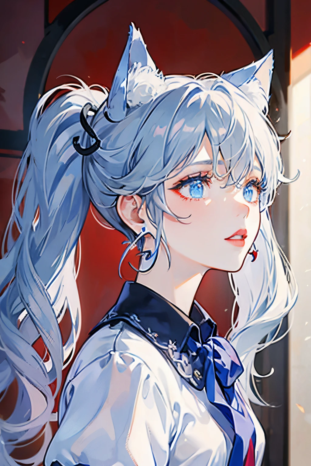 With twin ponytails like cat ears，Eyes of pain，blue color eyeair skin，Small red lips，With silver hoop earrings，