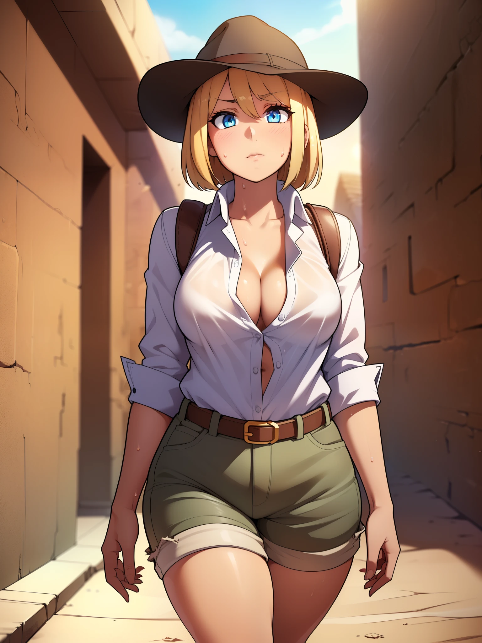(1girl), (solo), ((masterpiece)), best quality, beautiful, perfect lighting, extremely delicate and beautiful, detailed face, ultra cute face, (high res), ((1girl)), ((solo), looking at viewer, ((cowboy shot 1.2)),
Short blonde messy hair, blue eyes, serious look, exhausted, sweat, ((thin)), long legs, thigh gap, slender legs, medium breasts, cleavage, perky breasts, ((tan button up shirt)), (khaki shorts 1.2), explorers outfit, leather belt,
walking, desert, pyramid, Eygpt, in a ruin,