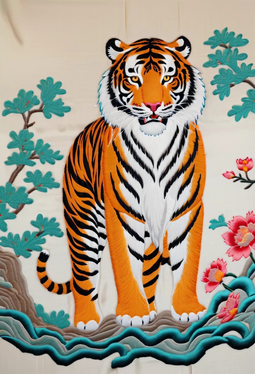 Draw an embroidery work,Tiger embroidery,Chinese clothing design,Silk fabric,Symmetrical style
