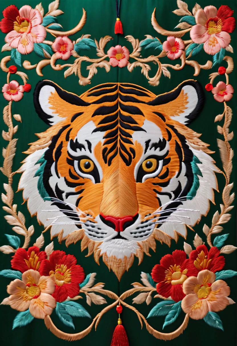Draw an embroidery work,Tiger embroidery,Chinese clothing design,Silk fabric,Symmetrical style