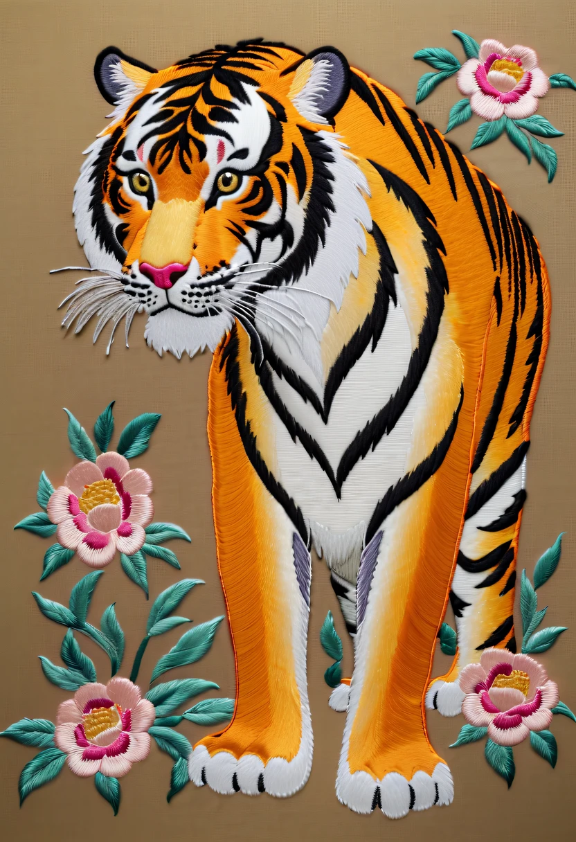 Draw an embroidery work,Tiger embroidery,Chinese clothing design,Silk fabric,Symmetrical style