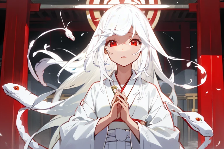 Detailed details，radiant eyes，very long white hair，The background is a shrine，Small red eyes，White kimono，white snake hair，God，white snake