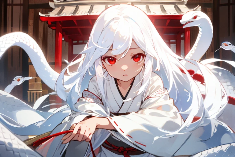 Detailed details，radiant eyes，very long white hair，The background is a shrine，Small red eyes，White kimono，white snake hair，God，white snake