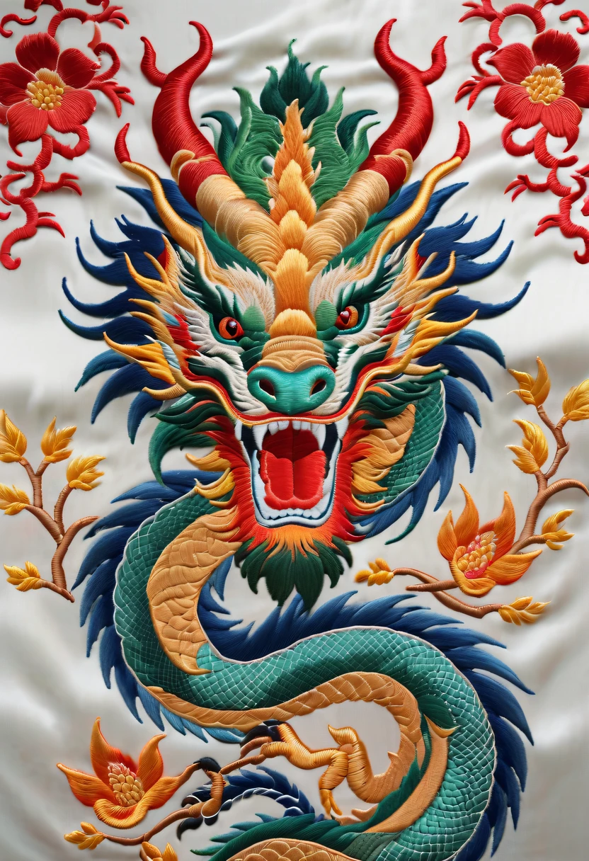 Draw an embroidery work，dragon embroidery，Chinese clothing design，Silk fabric，Symmetrical style