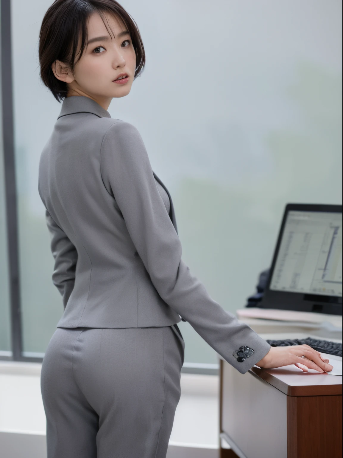 (Best quality, 8k, 32k, Masterpiece, UHD:1.2), 1girl, beautiy Japanese woman, narrow waist, grey suit, open jacket, office lady, suit, pants, from behind, office room, desk,  (stick out one's buttocks:1.2), detailed face, short hair, looking at viewer