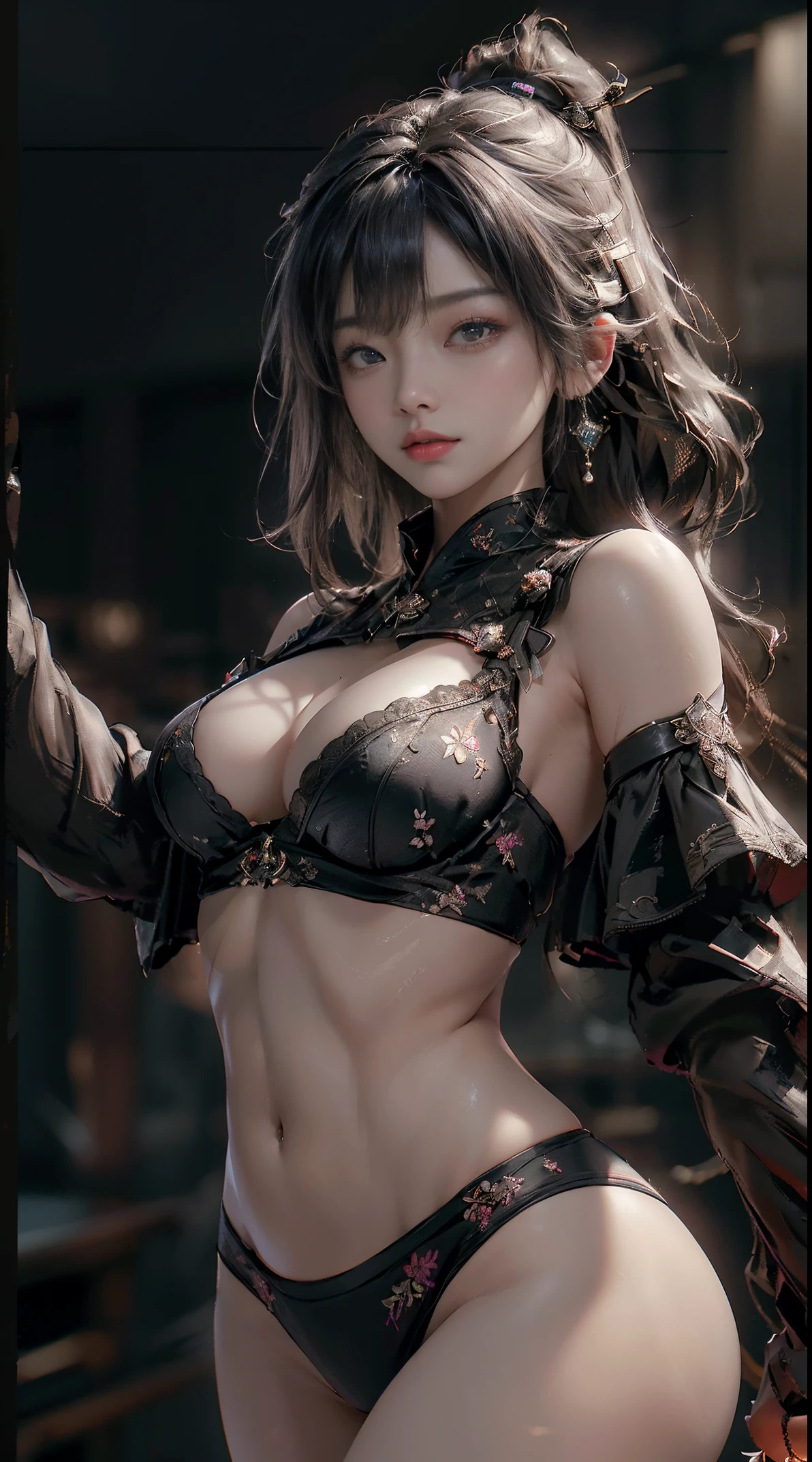 ((Best quality)), ((masterpiece)), (detailed:1.4), 3D, an image of a sexy beautiful korean girl (wearing black lingerie)((showing her abs and naval)),HDR (High Dynamic Range),Ray Tracing,NVIDIA RTX,Super-Resolution,Unreal 5,Subsurface scattering,PBR Texturing,Post-processing,Anisotropic Filtering,Depth-of-field,Maximum clarity and sharpness,Multi-layered textures,Albedo and Specular maps,Surface shading,Accurate simulation of light-material interaction,Perfect proportions,Octane Render,Two-tone lighting,Wide aperture,Low ISO,White balance,Rule of thirds,8K RAW,