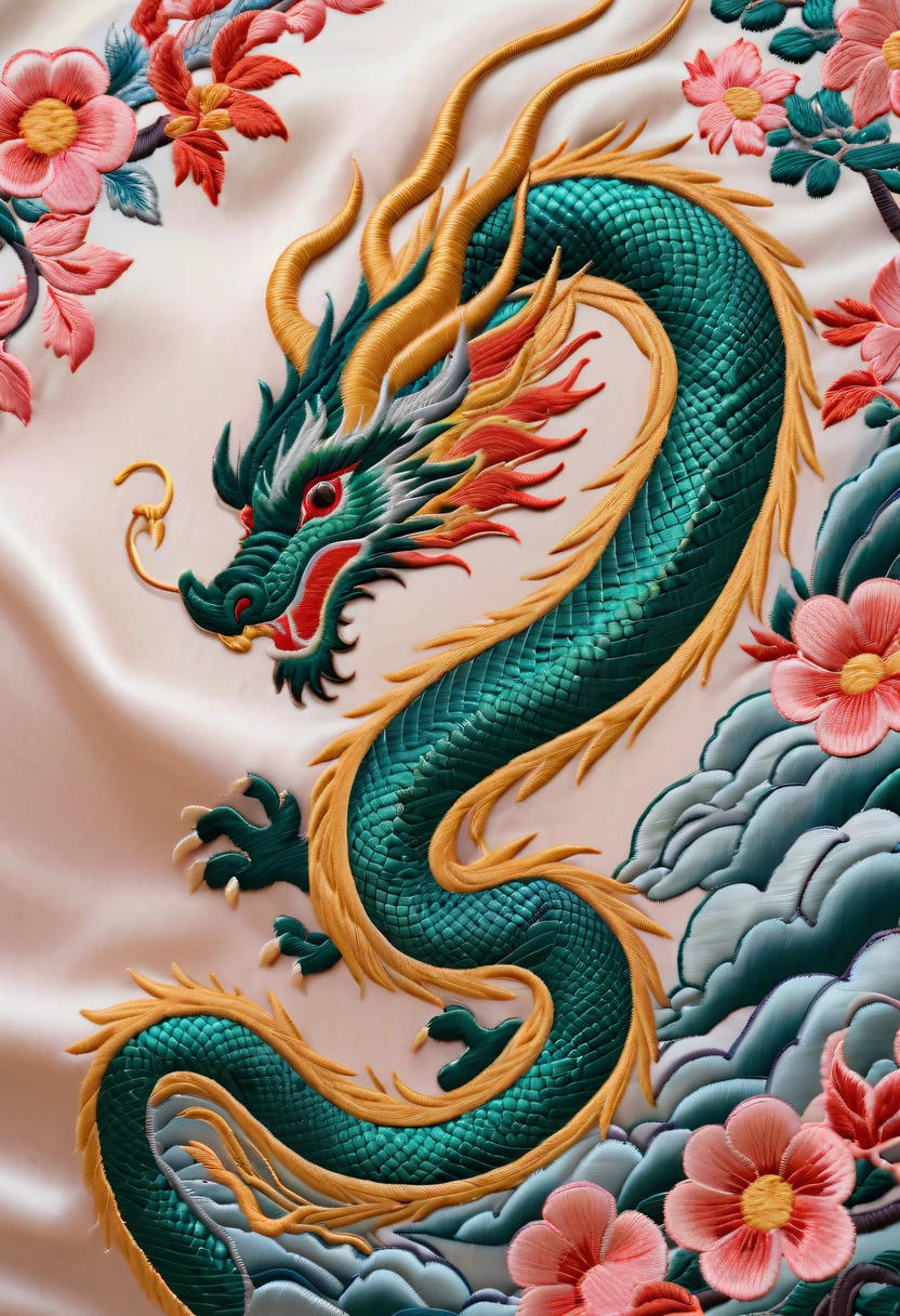 Draw an embroidery work,dragon embroidery,Chinese clothing design,Silk fabric,Symmetrical style