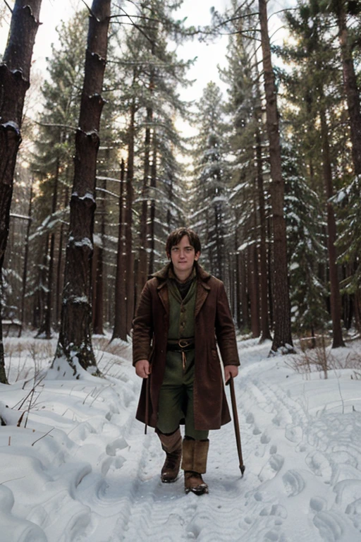hobbit Frodo in the winter forest with a golden ring