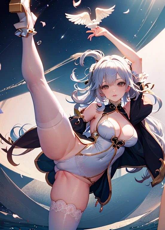 ta anchor with white stockings and high heels,Standing on one leg and doing splits sfw