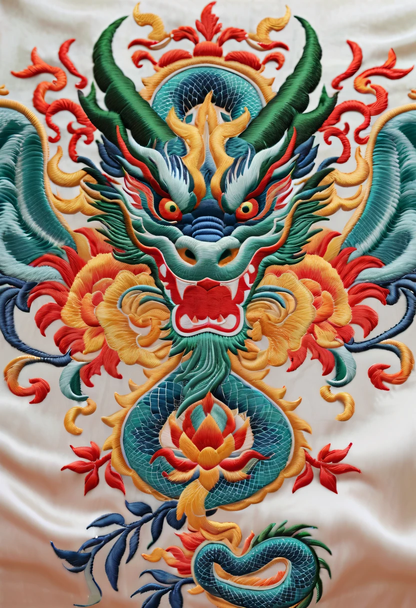 Draw an embroidery work,dragon embroidery,Chinese clothing design,Silk fabric,Symmetrical style