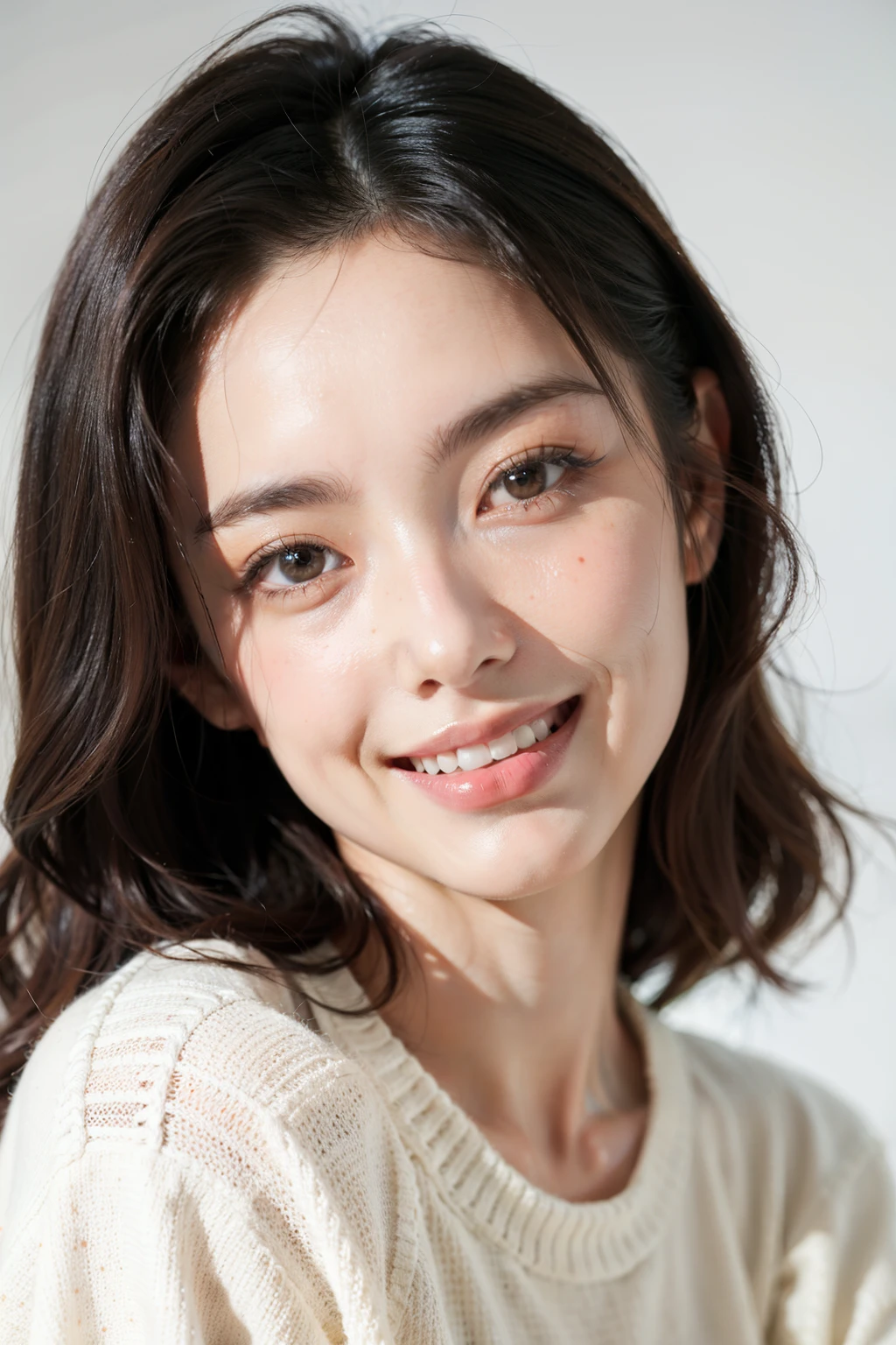 (Raw photo:1.2), (Photorealistic:1.4),(masutepiece:1.3),(Best Quality:1.4),超A high resolution,(Detailed eyes),Double eyelids,(detailed facial features),(detailed clothes features),8K resolution, skintight, (((High detailed skin))),, (ulzzang -6500-v1.1:0.5),pureerosface_v1:0.2, Bust-up angle of view, 1人の女性, large full breasts, I'm wearing a short-sleeved knit sweater, Smile with open mouth and teeth showing,Hairstyle is half up