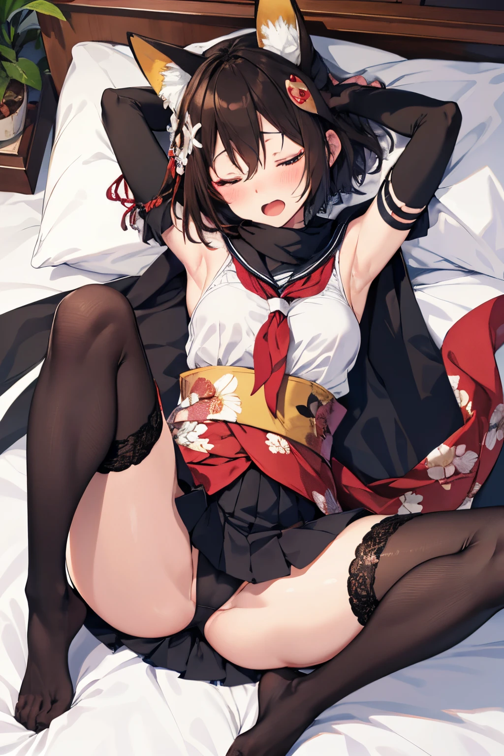 (Dressing),bed, blush,Looking at Viewer, Lying, Navel, on back, on the beds, Open mouth,PILLOWS,(Spread legs:1.3),(legs up:1.5)Sweat,(Eyes closed:1.3),orgasm,drivel, be breathless, blush, very humid, steam,top-quality,Top image quality,in 8K,4K,masterpiece,ultra-detailliert,Beautiful、ultra-quality, Best Quality,High resolution, Ultra-detailed,Game CG,Dutch Angle,Beautiful detailed eyes,Five Fingers,a beauty girl,in woods, Upper body, View from above, Chibi, Izuna Blue Archive, 1girl in, animal ear fluff, Brown hair, tusk, fishnets thighhighs, Floral pattern on kimono, Fox ears, Fox Shadow Puppet, Fox tail, hair between eye, Hair Ornament, Komono, Light blush, Open mouth, Partially fingerless black gloves, Black pleated skirt, red scarf, Sailor collar, Short hair,Yellow band,