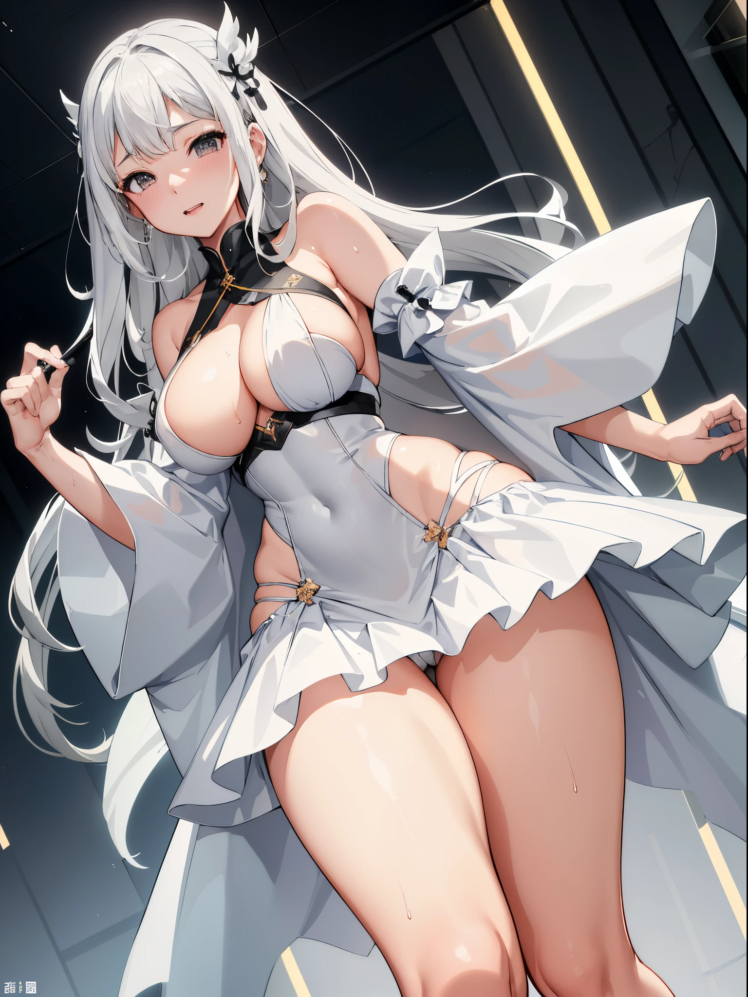 ((masutepiece)), ((Best Quality)), ((hight resolution)), ((the Extremely Detailed CG Unity 8K Wallpapers)), Solo, Tachibana plays, Tan School Uniform, Black skirt, White socks, Outdoors, Face, curtained hair, Beach, parted hair, Silvery hair，I took off my clothes.