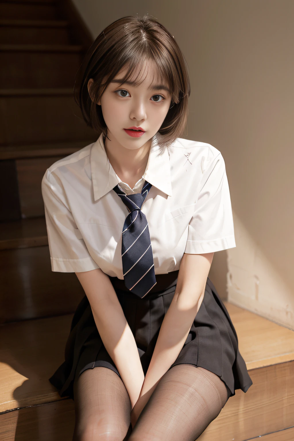 Korean School Uniform、Summer Uniform Shirts、Tight-fitting shirt、Ribbon Ties、skirt by the、Schools、stairs at school、Chest lifting pose、The focus is on the chest、Thin and large、8k RAW photo、hight resolution、18-year-old Korean、looking embarrassed、very large round breasts、intricate and fine details、long eyelasher、beautiful double eyelid、eyeshadows、eye line、elongated eyes、elongated eye shape、Sanpaku eyes are beautiful and thin, legit thin thighs、Random Shorthair、Tie your hair back、耳Nipple Ring、light brown hair、(Wear pantyhose)、Grab your knees，
