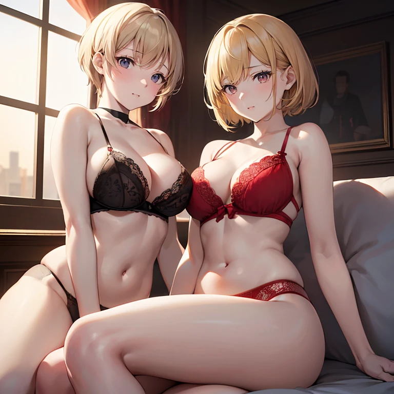 (top-quality,High resolution,(Ultra high definition,4K), (超A high resolution,in 8K),masutepiece:1.2), (Perfect Anatomy,Anatomically accurate), (Angle from below), (Soft lighting, rendered), (Two cute high school girls), ((Sitting on a sofa in the lobby of a luxury hotel,itting open legs)), ((Girls' High School Sailor Uniform)), (Red lace panties), (Two people kissing), (Crisp double eyelids), (Large breasts:1.3), (Soft skin), (Photorealistic), (Glowing skin), (blondehair), (Pixie Cut)