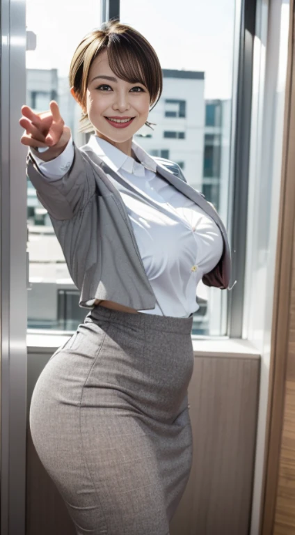 in 8K、超A high resolution、Best Quality、masuter piece、Photorealsitic、The ultra -The high-definition、(Colossal tits、Toned body:1.18)(Always office lady、Sheer white shirt、must wear a gray tight skirt and jacket、By the window of an office in a high-rise building:1.25)(Brown longhair、A Japanese Lady、Super Cute、Cute smile:1.2)pin heels、((thick thighs))、