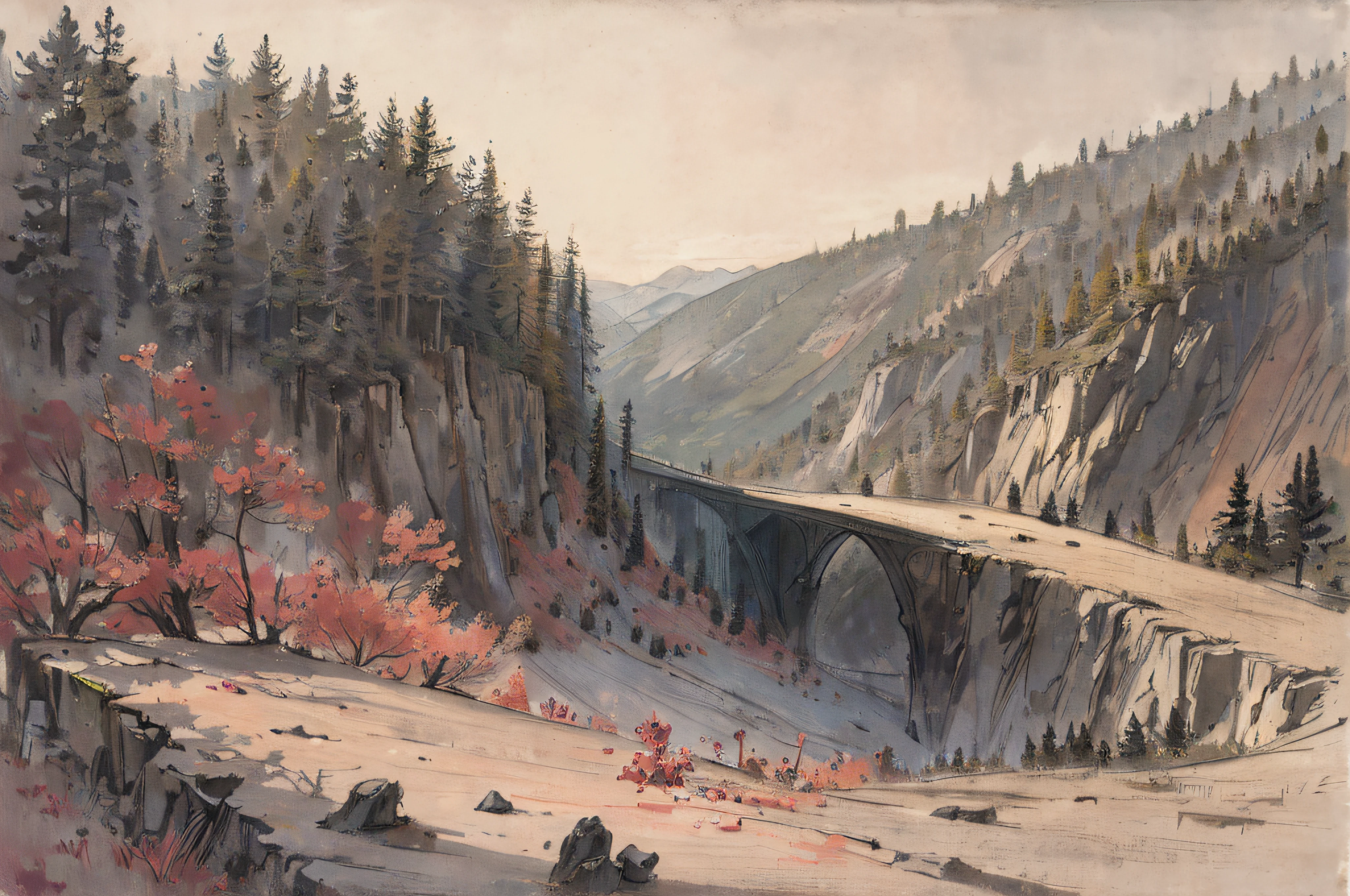 landscape, deciduous forests, cliffs, charcoal sketch, very detailed and delicate